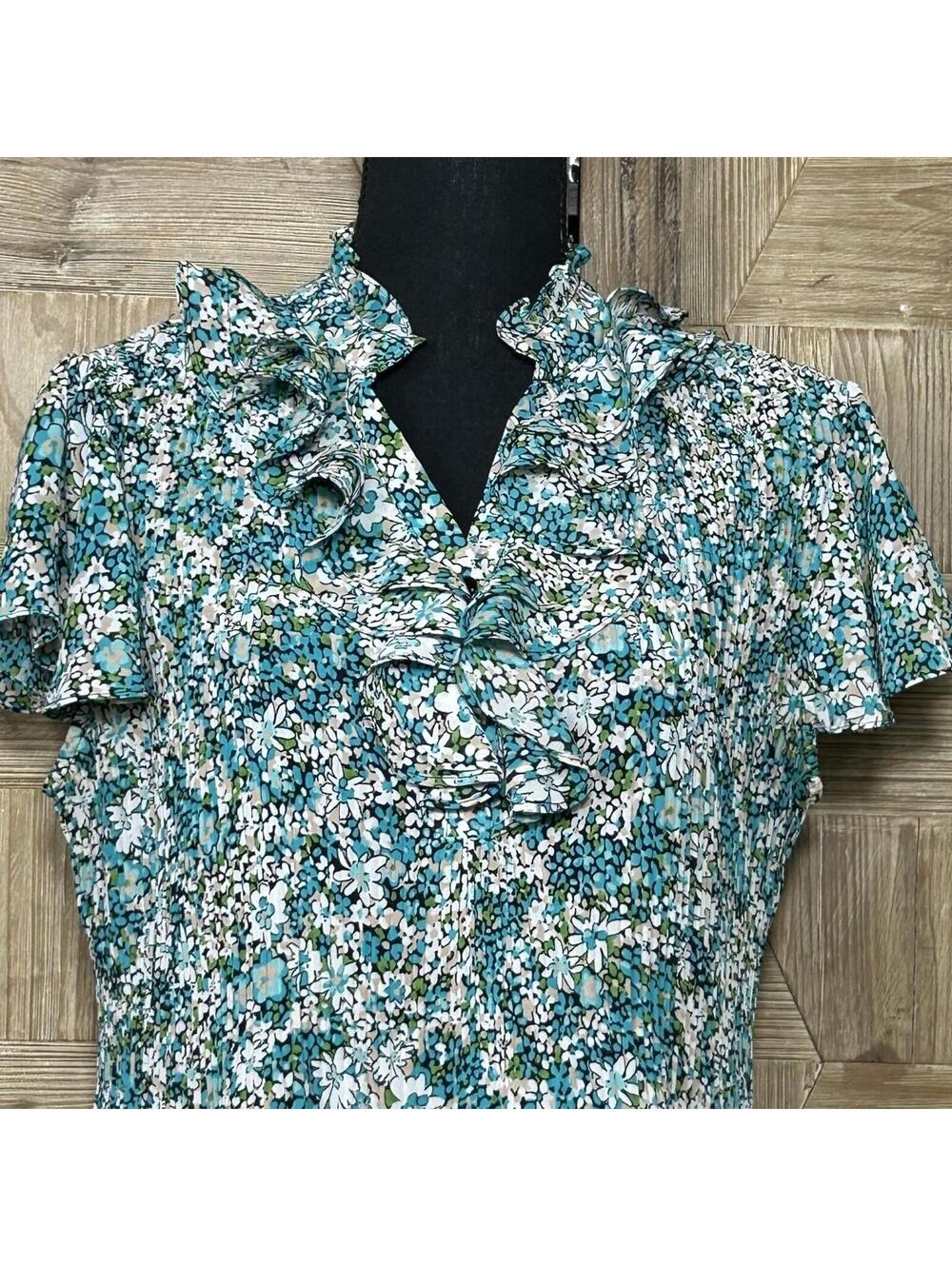 Belissimo Boho Blue Green Floral Ruffle V-Neck Blouse Large Cottagecore Romantic